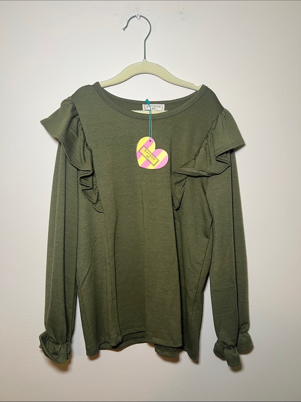 Hayden Girls Olive Green Ruffle Shoulder Long Sleeve Top